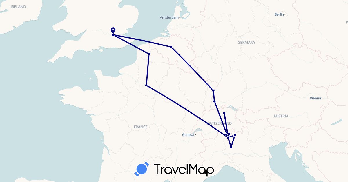 TravelMap itinerary: driving in Belgium, Switzerland, Germany, France, United Kingdom, Italy (Europe)
